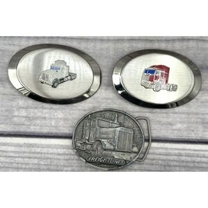 3 VINTAGE TRUCKING BELT BUCKLES - FREIGHTLINER BY TONKIN INC / 2 UNMARKED